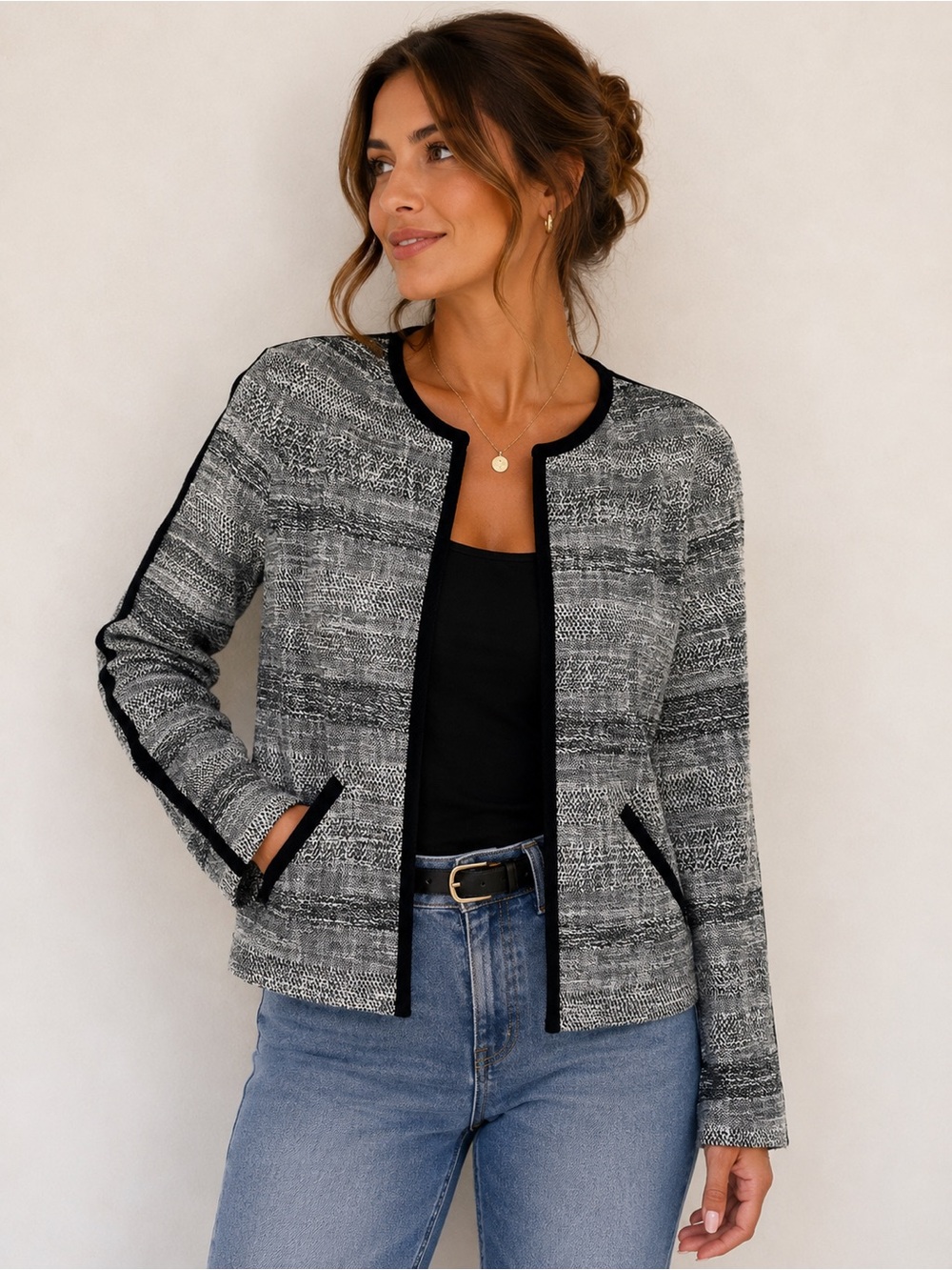 BOSS Hugo Boss Tweed Zip Front Blazer Jacket US 12 Black White Textured Career